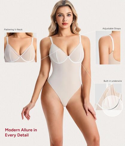 Nebility Shapewear Bodysuit for Women tummy control - V Neck Thong Body Suit with Underwire, Low back Going Out Tops in Kuwait