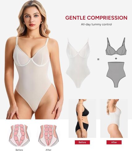 Nebility Shapewear Bodysuit for Women tummy control - V Neck Thong Body Suit with Underwire, Low back Going Out Tops in Kuwait