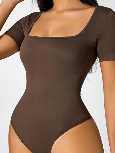 Women's 2 Piece Bodysuits Sexy Ribbed One Piece Square Neck Short Sleeve Bodysuits Shapewear Top, Casual & Daily Essential in Kuwait