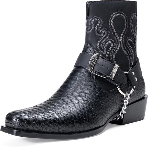 Jousen Cowboy Boots for Men Snakeskin Pattern Men's Western Boots with Side Zipper Belt Buckle Chain Strap in Kuwait