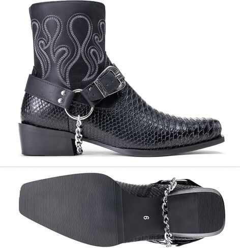 Jousen Cowboy Boots for Men Snakeskin Pattern Men's Western Boots with Side Zipper Belt Buckle Chain Strap in Kuwait