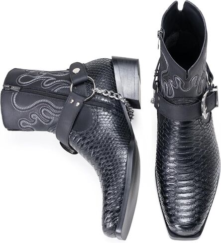Jousen Cowboy Boots for Men Snakeskin Pattern Men's Western Boots with Side Zipper Belt Buckle Chain Strap in Kuwait