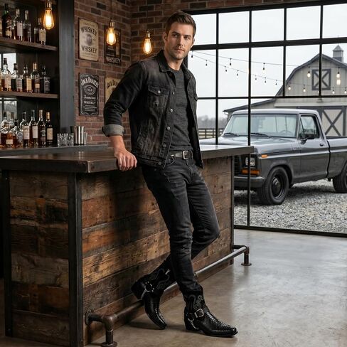 Jousen Cowboy Boots for Men Snakeskin Pattern Men's Western Boots with Side Zipper Belt Buckle Chain Strap in Kuwait