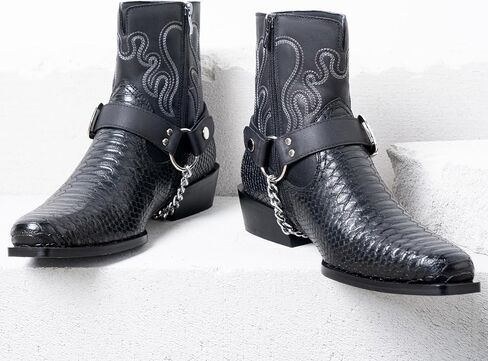 Jousen Cowboy Boots for Men Snakeskin Pattern Men's Western Boots with Side Zipper Belt Buckle Chain Strap in Kuwait