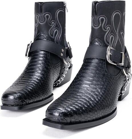 Jousen Cowboy Boots for Men Snakeskin Pattern Men's Western Boots with Side Zipper Belt Buckle Chain Strap in Kuwait