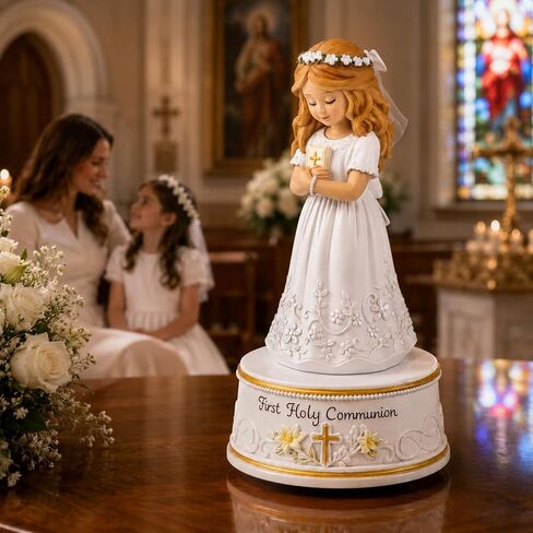 AIDLNS First Holy Communion Gifts for Girls, Plays The Lord's Prayer, Catholic Music Box Keepsake, Hand-Painted Resin White Dress Girl Figurine, Religious Collectible Decor in Saudi Arabia