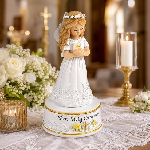 AIDLNS First Holy Communion Gifts for Girls, Plays The Lord's Prayer, Catholic Music Box Keepsake, Hand-Painted Resin White Dress Girl Figurine, Religious Collectible Decor in Saudi Arabia