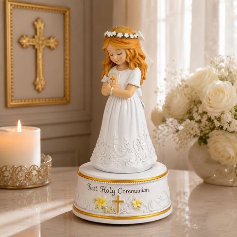 AIDLNS First Holy Communion Gifts for Girls, Plays The Lord's Prayer, Catholic Music Box Keepsake, Hand-Painted Resin White Dress Girl Figurine, Religious Collectible Decor in Saudi Arabia