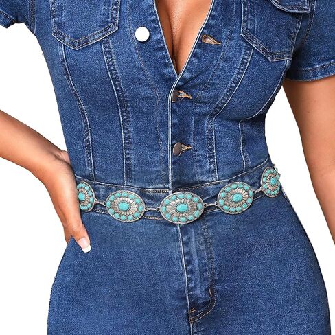 XZQTIVE Western Metal Concho Turquoise Belt for Women,Cowgirl Silver Waist Chain Belt for Dresses Jeans Country Concerts in Kuwait