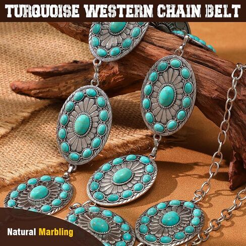 XZQTIVE Western Metal Concho Turquoise Belt for Women,Cowgirl Silver Waist Chain Belt for Dresses Jeans Country Concerts in Kuwait