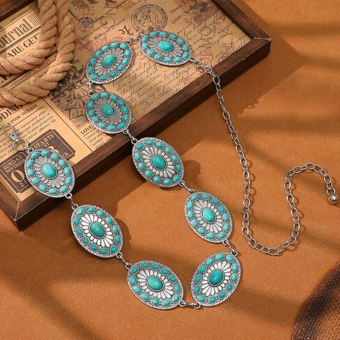 XZQTIVE Western Metal Concho Turquoise Belt for Women,Cowgirl Silver Waist Chain Belt for Dresses Jeans Country Concerts in Kuwait