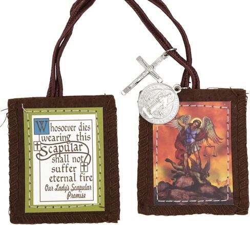 Needzo Saint Michael Brown Scapular with Medal and Cross, Devotional Pendant, Religious Keepsake Gift, 24 Inches in Kuwait