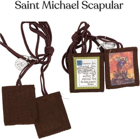 Needzo Saint Michael Brown Scapular with Medal and Cross, Devotional Pendant, Religious Keepsake Gift, 24 Inches in Kuwait