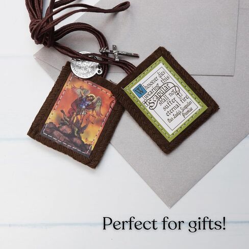 Needzo Saint Michael Brown Scapular with Medal and Cross, Devotional Pendant, Religious Keepsake Gift, 24 Inches in Kuwait
