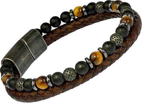 Men’s Leather Bracelet Stack with Textured Stainless Steel Beads, Hematite, Black Onyx, and Genuine Braided Leather | Durable Wristband for Men’s Bohemian Street Style in Black or Brown in Saudi Arabia