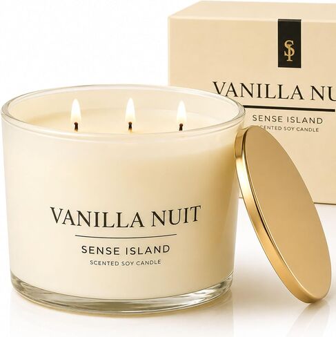 Vanilla Nuit 3 Wick Soy Candle – Large Creamy Vanilla Scented Candle for Home with Gold Lid & Beige Glass Vessal, Natural Soy Wax, Long Lasting Burn – Sensual Gourmand Fragrance, Luxury Gift for Women in Saudi Arabia
