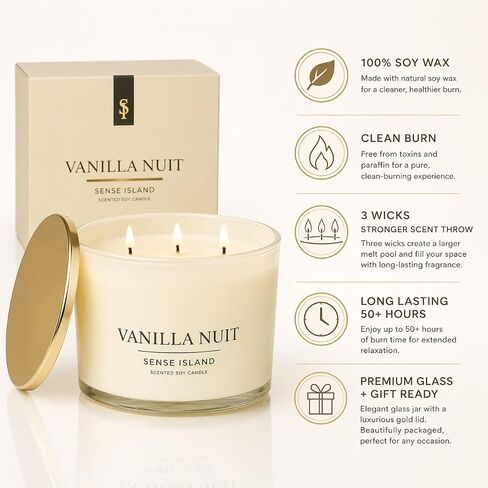Vanilla Nuit 3 Wick Soy Candle – Large Creamy Vanilla Scented Candle for Home with Gold Lid & Beige Glass Vessal, Natural Soy Wax, Long Lasting Burn – Sensual Gourmand Fragrance, Luxury Gift for Women in Saudi Arabia