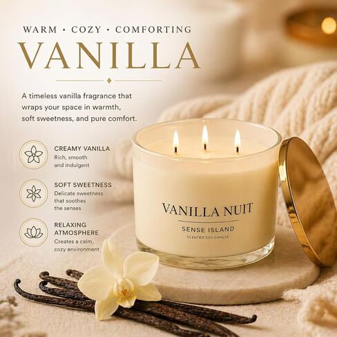 Vanilla Nuit 3 Wick Soy Candle – Large Creamy Vanilla Scented Candle for Home with Gold Lid & Beige Glass Vessal, Natural Soy Wax, Long Lasting Burn – Sensual Gourmand Fragrance, Luxury Gift for Women in Saudi Arabia