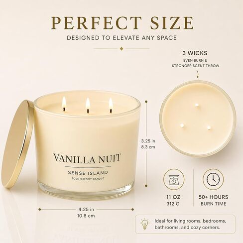 Vanilla Nuit 3 Wick Soy Candle – Large Creamy Vanilla Scented Candle for Home with Gold Lid & Beige Glass Vessal, Natural Soy Wax, Long Lasting Burn – Sensual Gourmand Fragrance, Luxury Gift for Women in Saudi Arabia