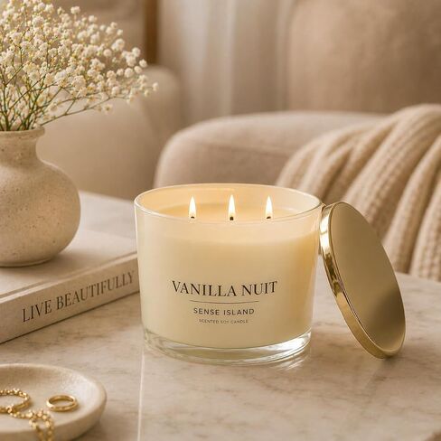 Vanilla Nuit 3 Wick Soy Candle – Large Creamy Vanilla Scented Candle for Home with Gold Lid & Beige Glass Vessal, Natural Soy Wax, Long Lasting Burn – Sensual Gourmand Fragrance, Luxury Gift for Women in Saudi Arabia