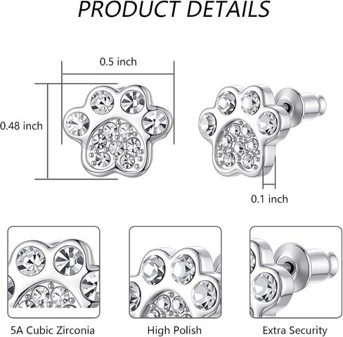Crystal Dog Paw Earrings with White Zirconia,Hypoallergenic Girls Diamond,Memorial Gift for Pet Lovers,for Cat and Dog Lovers in Saudi Arabia