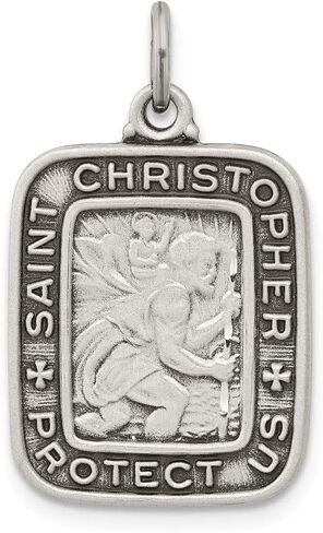 Solid 925 Sterling Silver Antiqued Square St. Christopher Medal Pendant (21mm Height x 15mm Width) in Kuwait
