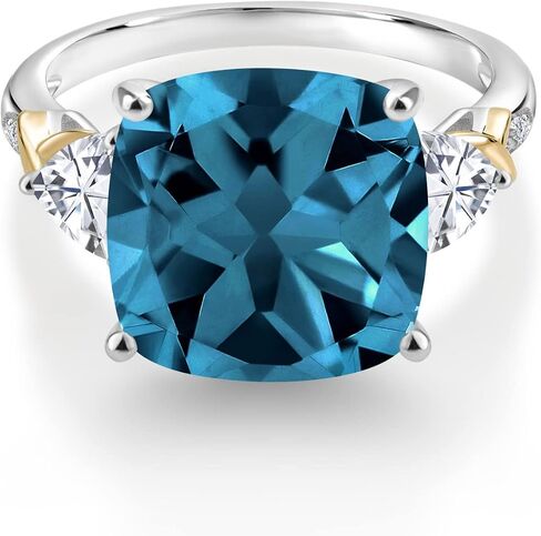 Gem Stone King 9.75 Cttw London Blue Topaz White Moissanite and Diamond Ring For Women | 925 Silver and 10K Yellow Gold | 12MM Cushion and 5MM Trillion | Available In Size 5, 6, 7, 8, 9 in Kuwait