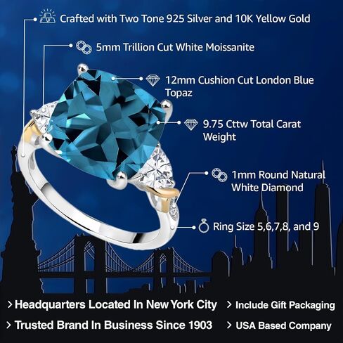 Gem Stone King 9.75 Cttw London Blue Topaz White Moissanite and Diamond Ring For Women | 925 Silver and 10K Yellow Gold | 12MM Cushion and 5MM Trillion | Available In Size 5, 6, 7, 8, 9 in Kuwait