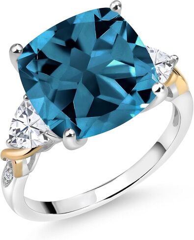 Gem Stone King 9.75 Cttw London Blue Topaz White Moissanite and Diamond Ring For Women | 925 Silver and 10K Yellow Gold | 12MM Cushion and 5MM Trillion | Available In Size 5, 6, 7, 8, 9 in Kuwait