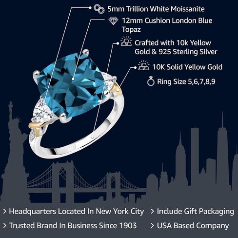Gem Stone King 9.75 Cttw London Blue Topaz White Moissanite and Diamond Ring For Women | 925 Silver and 10K Yellow Gold | 12MM Cushion and 5MM Trillion | Available In Size 5, 6, 7, 8, 9 in Kuwait