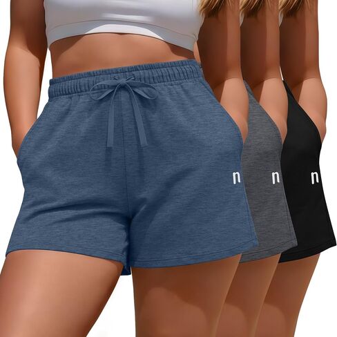 Neer 3 Pack Womens Plus Size Shorts Cotton Casual Athletic SweatShorts Summer Lightweight Loose Lounge Shorts with Pockets in Kuwait