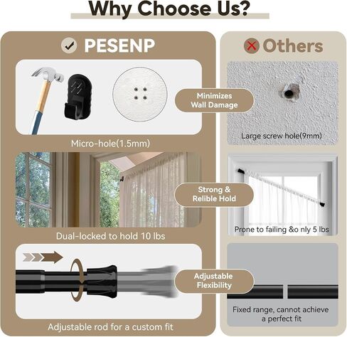 2 Pack 2.0 Upgraded No-Drill French Door Curtain Rod, 1/2" Diameter Adjustable 17–30 Inch Cafe Curtain Rod with Adhesive & Pin-Nail Mount, Small Curtain Rod for Doors, Black in Saudi Arabia