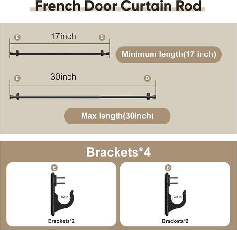 2 Pack 2.0 Upgraded No-Drill French Door Curtain Rod, 1/2" Diameter Adjustable 17–30 Inch Cafe Curtain Rod with Adhesive & Pin-Nail Mount, Small Curtain Rod for Doors, Black in Saudi Arabia