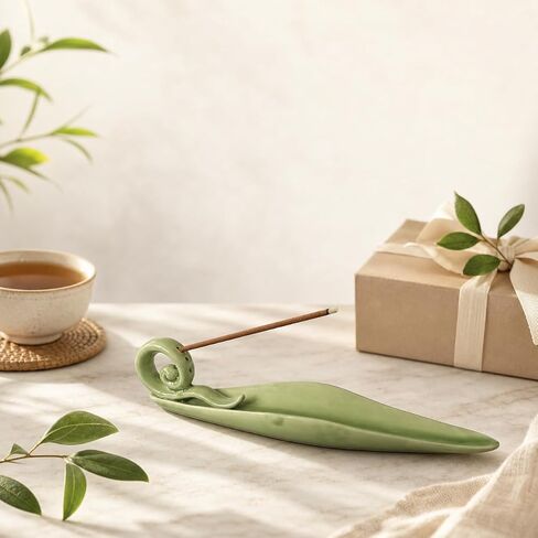 Handmade Ceramic Leaf Incense Holder - Long Ash Catcher Tray with Curled Tail Design, Zen Meditation Yoga Aromatherapy Home Decor in Saudi Arabia