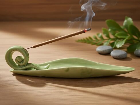 Handmade Ceramic Leaf Incense Holder - Long Ash Catcher Tray with Curled Tail Design, Zen Meditation Yoga Aromatherapy Home Decor in Saudi Arabia