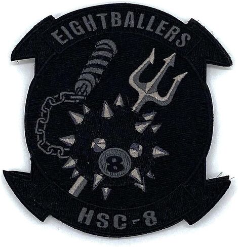 HSC-8 Eightballers Squadron Patch - شارة عسكرية مطرزة باللونين الأسود والفضي - شعار دائري كبير مقاس 4.5 بوصة لبدلات الطيران والسترات والعتاد - سرب طائرات الهليكوبتر البحرية القتالية البحرية ثمانية in Kuwait