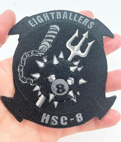 HSC-8 Eightballers Squadron Patch - شارة عسكرية مطرزة باللونين الأسود والفضي - شعار دائري كبير مقاس 4.5 بوصة لبدلات الطيران والسترات والعتاد - سرب طائرات الهليكوبتر البحرية القتالية البحرية ثمانية in Kuwait