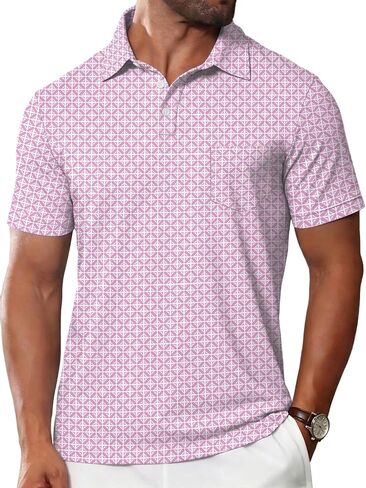 Mens Printed Polo Shirts Short Sleeve Moisture Wicking Quick Dry UPF 50+ Performance Collared with Pocket in Saudi Arabia