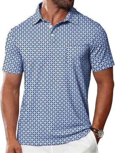 Mens Printed Polo Shirts Short Sleeve Moisture Wicking Quick Dry UPF 50+ Performance Collared with Pocket in Saudi Arabia