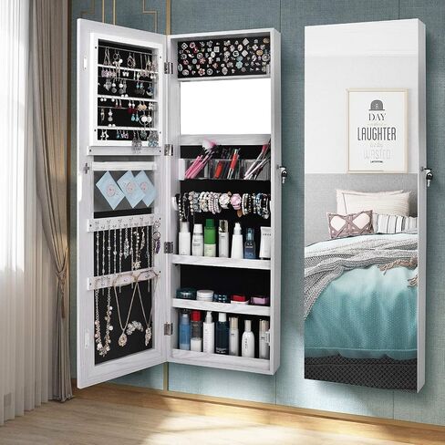 Wall Mount Mirror Jewelry Cabinet,hanging Armoire Organizer,Wall Jewelry Armoire Organizer with Mirror jewelry box/cabinet LEDs Mirror with Jewelry Storage,Hanging Jewelry Organizer Mirror in Kuwait