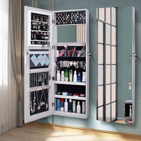 Wall Mount Mirror Jewelry Cabinet,hanging Armoire Organizer,Wall Jewelry Armoire Organizer with Mirror jewelry box/cabinet LEDs Mirror with Jewelry Storage,Hanging Jewelry Organizer Mirror in Kuwait