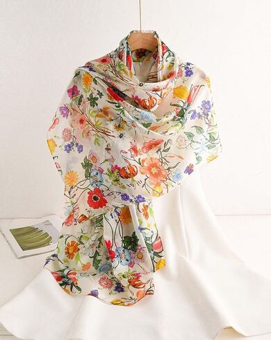 100% Mulberry Silk Scarf for Women, 69'' x 43'' Lightweight Large Silk Floral Shawl Wraps Neck Scarf Gift Packed in Kuwait