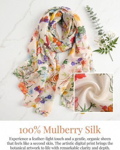 100% Mulberry Silk Scarf for Women, 69'' x 43'' Lightweight Large Silk Floral Shawl Wraps Neck Scarf Gift Packed in Kuwait