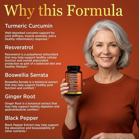 Liposomal Turmeric Supplement Liposomal Curcumin Capsules with Resveratrol, Boswellia Serrata, Turmeric and Ginger Supplement for Men & Women, Enhanced Absorption - Third-Party Lab Tested, Made in USA in Saudi Arabia