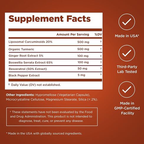 Liposomal Turmeric Supplement Liposomal Curcumin Capsules with Resveratrol, Boswellia Serrata, Turmeric and Ginger Supplement for Men & Women, Enhanced Absorption - Third-Party Lab Tested, Made in USA in Saudi Arabia