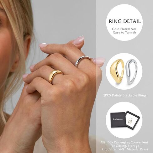 Stackable Gold Rings for Women Chunky Wave Dome Gold and Silver Two Tone Ring Gold Plated Dainty Pinky Thumb Stacking Rings Engagement Eternity Wedding Band Ring Size 4-9 in Kuwait