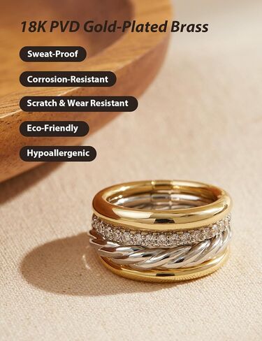 Stackable Rings for Women, Set of 4 Two Tone Gold and Silver Rings, Cubic Zirconia Stacking Ring Set, Fashion Statement Band Rings for Women, Sizes 6 7 8 in Saudi Arabia
