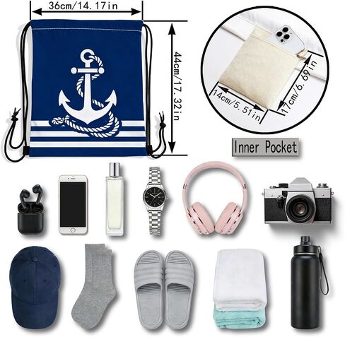 Anchor Drawstring Backpack with Dual-Sided Print, Adjustable Cord & Inner Zipper Pocket - Reusable Gym Beach Drawstring Bag for Men Women -2 in Kuwait