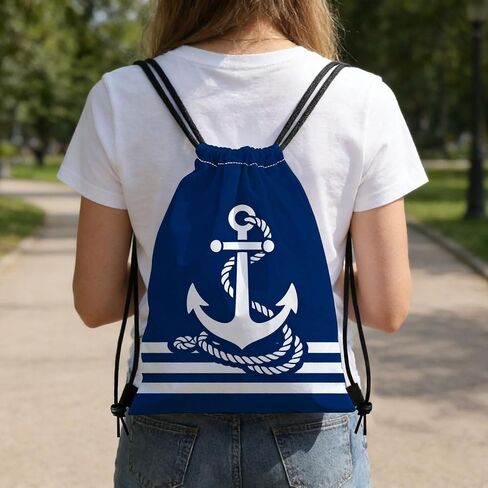 Anchor Drawstring Backpack with Dual-Sided Print, Adjustable Cord & Inner Zipper Pocket - Reusable Gym Beach Drawstring Bag for Men Women -2 in Kuwait