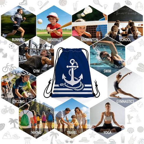 Anchor Drawstring Backpack with Dual-Sided Print, Adjustable Cord & Inner Zipper Pocket - Reusable Gym Beach Drawstring Bag for Men Women -2 in Kuwait